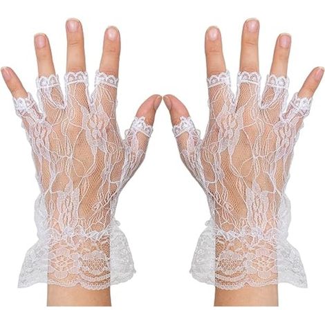 Gants blancs en dentelle sans doigts - Gants de mariage en dentelle à volants sans doigts (1/5)