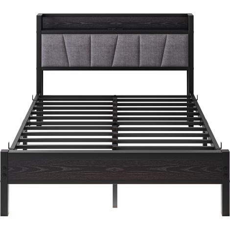 Cadre de lit 140x190 cm en métal et MDF noir avec LED, USB et prise (1/5)