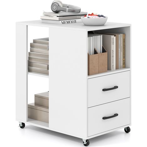 COSTWAY End Side Table Rolling Nightstand with Storage Drawers & Shelves-White (1/5)