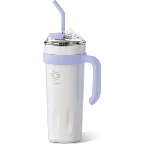 (Blanc, 1200 ml) Mug à café isotherme en acier inoxydable avec couvercle et paille, poignée, étanche. (1/4)