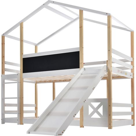 Kinder-Hausbett mit Rutsche und Leiter 90 x 200 cm Weiß und Holz, 2 Lattenroste, MODENUIT (1/5)