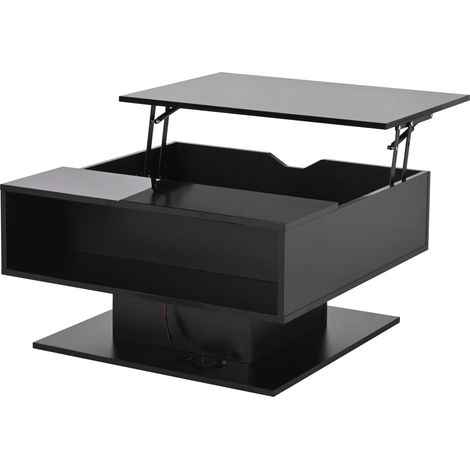 ELVMI Table basse relevable avec 1 rangement caché et 1 niche ouverte, LED, laqué brillant, Salon, 80 × 75 × 40 cm