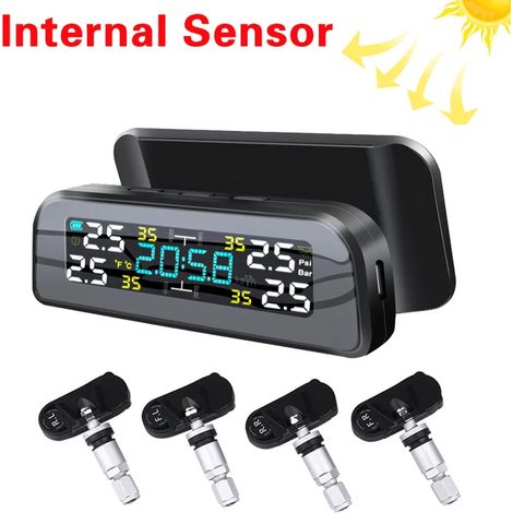 (T3 Interne) TPMS à énergie solaire, capteur de pression des pneus, alarme de pression des pneus, système de sécurité automobile, capteur de pression des pneus réglable à 360°, alerte de température (1/5)