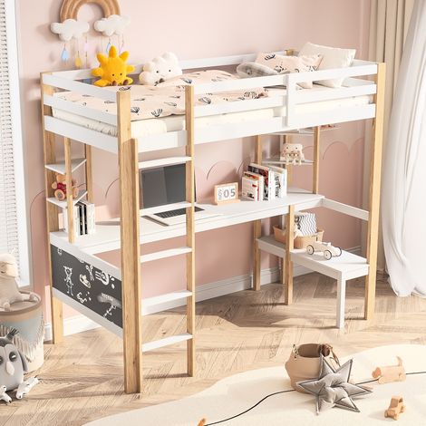 Letto a soppalco 90x200 cm con scrivania e ripiani - Letto alto per bambini in pino massello - Design bicolore bianco e legno naturale - Con scala stabile e barriere di sicurezza