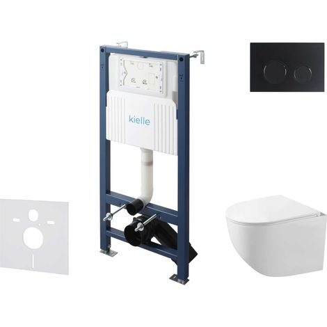 kielle Genesis New - Conjunto de instalación empotrada, inodoro compacto Gaia, Rimless, asiento soft‑close y pulsador Gemini New II, negro mate 30528SS87