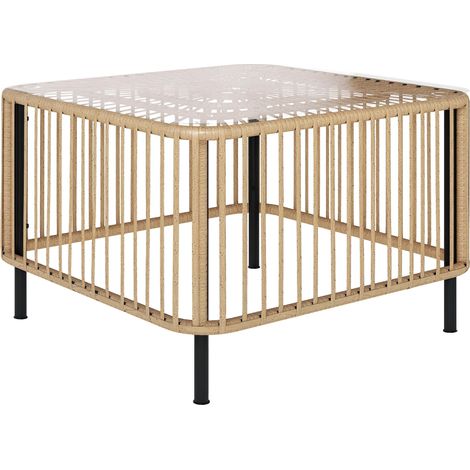 Table de jardin en polyrotin, 65 x 65 x 43 cm, table d'appoint résistante aux intempéries, carrée avec plateau en verre, bois naturel