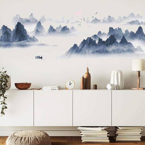 Lntyq Malerei Berg Wandaufkleber Abstrakte Landschaft Wandaufkleber Chinesischen Stil Splash Tinte Aquarell Sonnenuntergang Berge Wand Kunst Dekor (1/5)