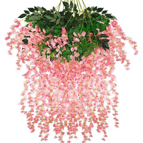 12 guirlandes de glycine artificielles, 1,1 mètre, à triple tige, en rotin, fausse glycine, longue guirlande de fleurs en soie (rose) (1/5)