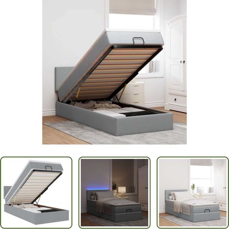 vidaXL LED-Beleuchtung - Ottoman-Bett mit Matratze & LEDs Hellgrau 90x190 cm Stoff (1/5)