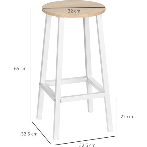 Ensemble de deux tabourets de cuisine en aggloméré et acier. Assise lisse et repose-pieds. Dimensions : 32,5 x 32,5 x 65 cm. Disponible en blanc et en bois. (1/5)