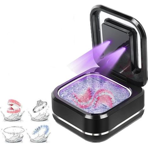 Pulitore a ultrasuoni,Pulitore per occhiali,Pulitore per gioielli,Con 2 lampade UV,Con 2 impostazioni,Per protesi dentarie,Nero (1/5)