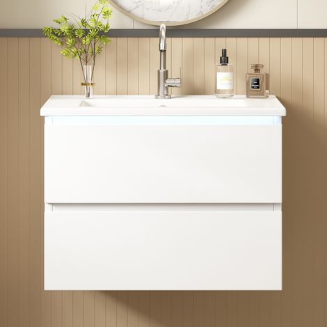 Lavabo mural 61×46×45cm blanc, meuble vasque suspendu laqué de qualité, avec miroir LED à détecteur radar, 2 tiroirs à fermeture douce, design épuré, vasque intégrée. (1/5)
