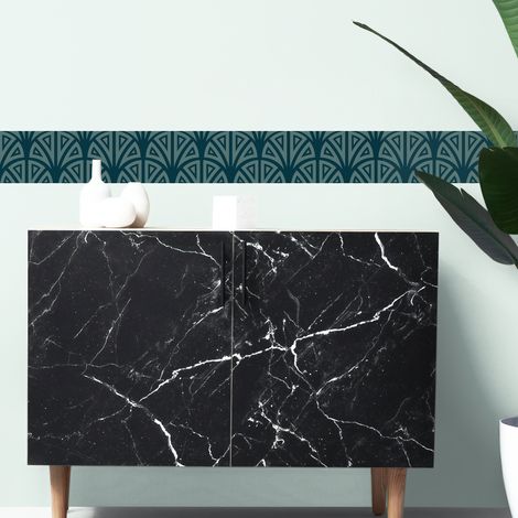 Frise adhésive décorative Tromso Vert, 15 cm x 300 cm, éventail vert sur fond foncé, décoration murale pour intérieur. (1/2)