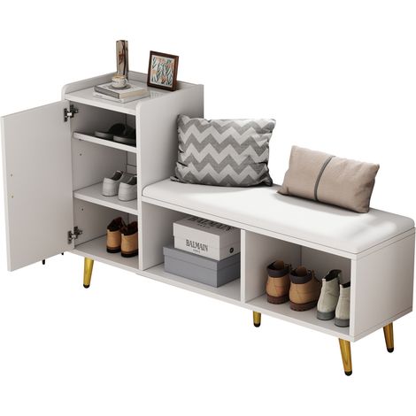 Meuble à chaussures avec banc, 3 étagères réglables, porte brillante blanche et détails dorés, rangement d’entrée avec assise rembourrée, 120 x 35 x 71,5 cm  CHICFURN (1/5)