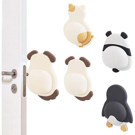 Topes de manija de puerta autoadhesivos de goma con diseño de animales, 4 piezas, para proteger la pared. (1/4)