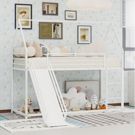 Litera infantil 90x190 cm blanca de hierro con tobogán y diseño de casita (1/5)