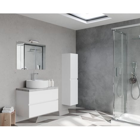 Mueble de baño suspendido de 80 cm en madera blanca brillo y tapa de hormigón con lavabo y espejo - Civo - Con colonna specchio e lavabo tondo (1/5)