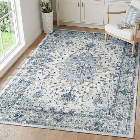 Vintage Tapis de Salon 90x150 cm Lavable Bleu/Gris Tapis Salon, Tapis Chambre, Lavable en Machine, Vintage, Boho, Rétro, Antidérapant, Cuisine, Salle à Manger, Douce, OEKO (1/5)