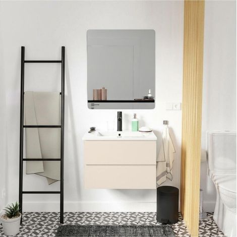 Meuble simple vasque 60cm SORRENTO chêne+vasque noire+robinet+miroir rectangle