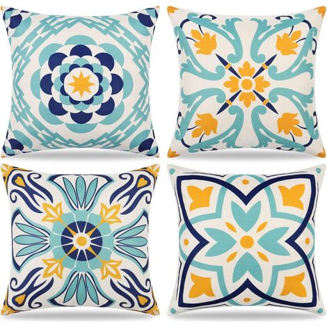 Lot de 4 45x45cm Taie d'oreiller Extérieure Imperméable Imprimées Florales Housses de Coussin Boho Farmhouse Taie Coussin Canapé Decoration pour Terrasse Jardin Balcon Salon Chambre