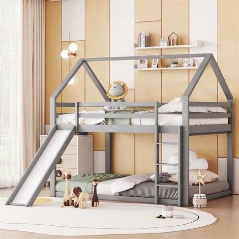 Lit superposé - Maison - Gris - 140x200cm - Toboggan - Bois massif