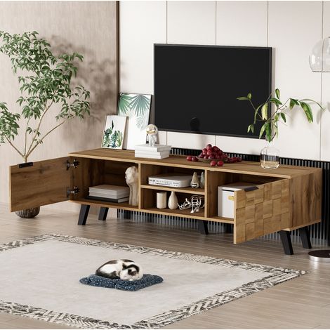 Mueble TV moderno 160,5 x 35,5 x 45 cm con 2 puertas y 2 nichos abiertos, color madera DESVIAE (1/5)