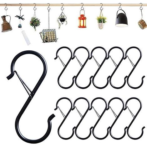 Lot de 10 crochets en S noirs pour suspension, crochets métalliques lourds à design ceinture, idéaux pour plantes, lampes, ustensiles de cuisine, casseroles, vêtements, serviettes (1/5)