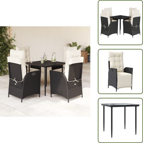 The Living Store Set da Pranzo da Giardino 5 pz Nero con Cuscini in Polyrattan - Sedie da giardino reclinabili