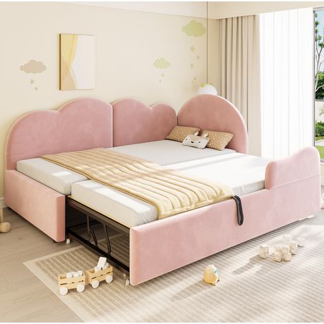 Lit gigogne d’angle L 90x200 + 90x190 cm, velours rose, tête de lit nuage, REDOM (1/5)