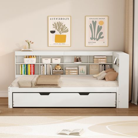 Canapé-lit 90×200cm blanc bois massif,lit escamotable 90×190cm,USB,multiples rangements,lit simple multifonction (1/5)