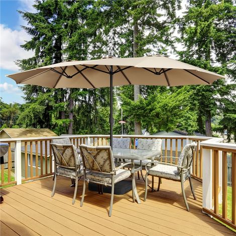 Yaheetech Parasol de Jardin Double Extérieur avec Base et Manivelle Sac de Rangement Parasol Triple Tête Terrasse Jardin Bord de la Mer Bistro 447 × 265 × 245 cm Marron Clair (1/5)