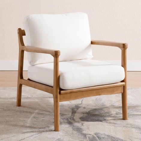 Fauteuil crapaud en lin avec structure bois massif, assise confortable, beige (1/5)