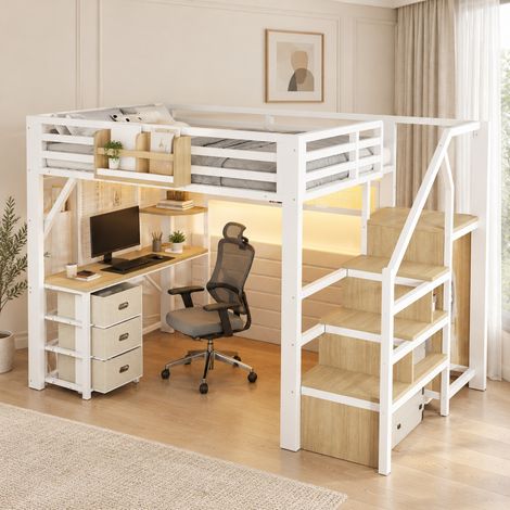 Letto a soppalco 140 x 200 cm con scrivania, 3 cassetti, LED, bianco OKMYHOME