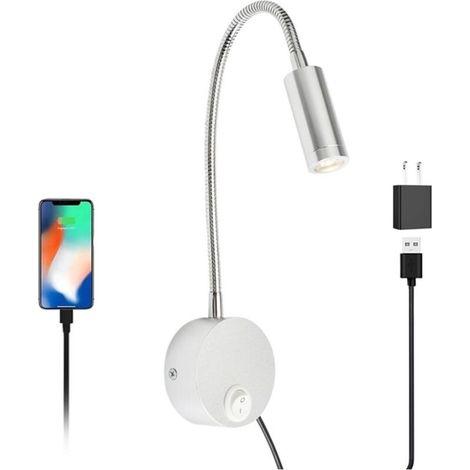 RHG 2pcs Lampe de lecture à tuyau assorti, meuble de chevet 3W, avec port de chargement USB, projecteur de lecture, lampe de lecture for canapé(White light) (1/4)