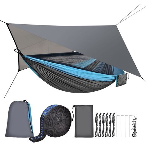 Amaca da campeggio con zanzariera, telo antipioggia, cinghia per alberi resistente, nylon da paracadute, amaca singola o doppia, tenda, set impermeabile con telo antipioggia per campeggio, giardino o 