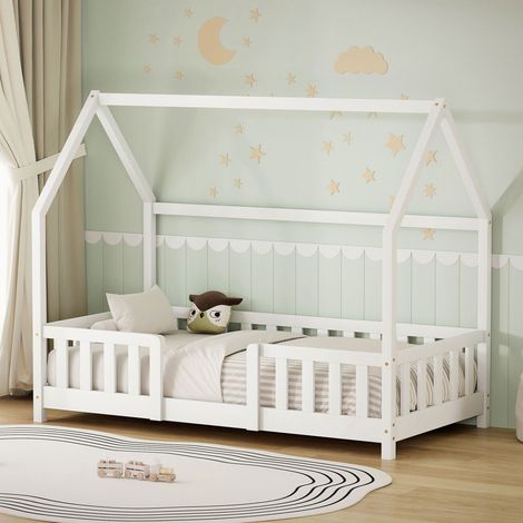 ML-Design Cama Infantil 80x160 cm en Forma de Casa, Madera Maciza de Pino Blanca con Protección Anticaída, Techo y Somier de Láminas, Cuna de Suelo para Niños y Niñas, Juvenil Individual Montessori (1/5)