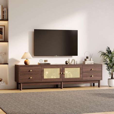 TV-Ständer – 2 Rattantüren, 4 Schubladen mit Kabelmanagement, für Fernseher bis 80 Zoll, Spanplatte, Braun, 180 × 35 × 44 cm
