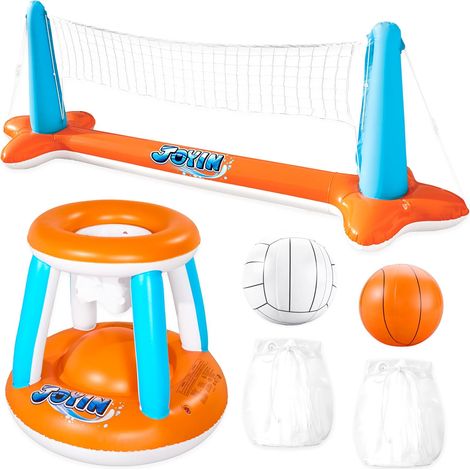 Aufblasbares Poolspiel-Set – 4-teilig – Strapazierfähiges Vinyl – Schwimmender Volleyball und Basketball – Wasserspaß für die ganze Familie – Orange (1/5)