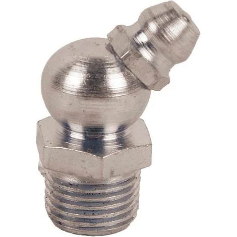 Raccordo ingrassatore metallico semicurvo a 45°, venduto singolarmente, ideale per lavori di precisione.