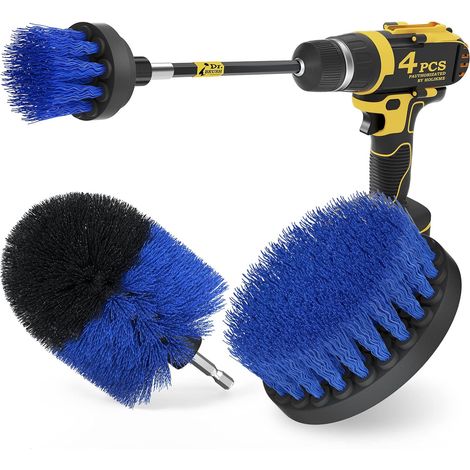 Lot de 4 brosses de perçage Electrobrosse Brosse de nettoyage Set d'embouts longs pour sols, salles de bain et cuisines, Bleu (1/2)