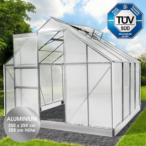 BRAST Gewächshaus Aluminium mit Fundament rostfrei TÜV geprüft 6mm Platten 250x250x205cm Silber