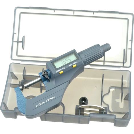 Micrometro digitale, campo di misura 0-25 mm, precisione di misura ±0,001 mm, display LCD digitale, materiale in acciaio inossidabile, alimentazione a batteria.