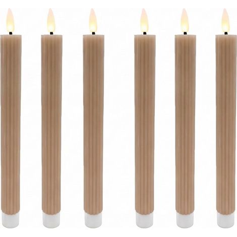 Relaxdays Candele LED a stelo, set da 6, HxD 25 x 2 cm, fiamma tremolante, in cera vera, scanalate, moka-mousse (1/5)