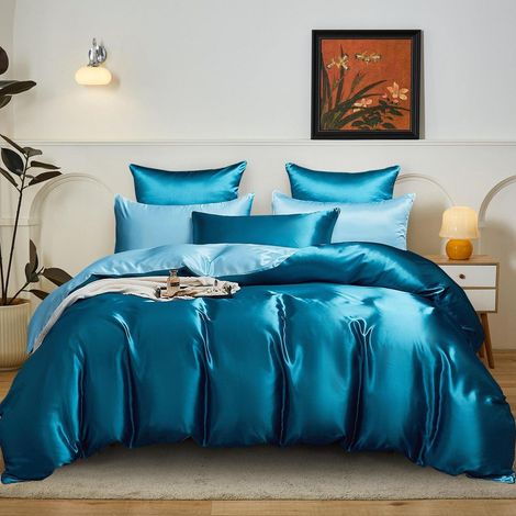 Satin Bettwäsche 155x220 cm Petrol Hellblau Wendebettwäsche mit Reißverschluss