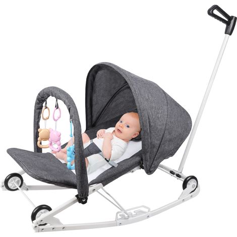 Transat/Poussette Bébé 2 en 1, avec Arche de Jeux et Têtière, Dossier Réglable sur 3 Positions, 4 Réglages de Vitesse, Pliage Compact 0-6 Mois Jusqu'à 9 kg (Gris)