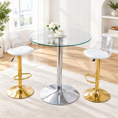 Set tavolo bar rotondo 89 cm in vetro trasparente con 2 sgabelli regolabili - MEUBLIV (1/5)