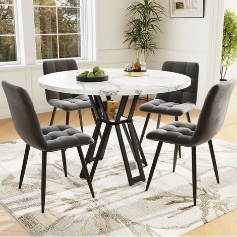 MEUBLIV Set tavolo da pranzo rotondo 100 cm con 4 sedie grigie, finitura marmo bianco (1/5)