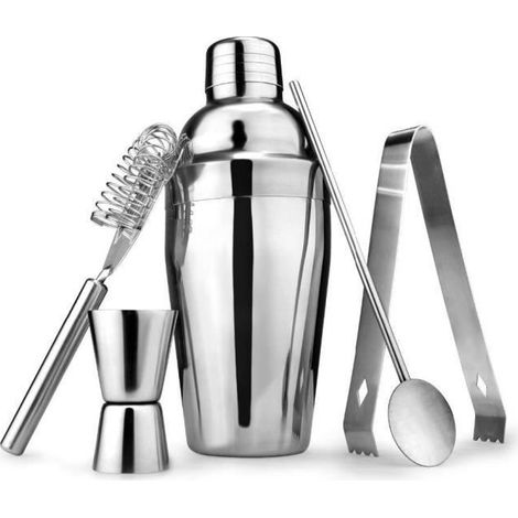KLVGTIFS PUOutils de bar - 5Pcs - Acier inoxydable - Shaker 750ml - Jigger 20/40ml - Passoire 17,5cm