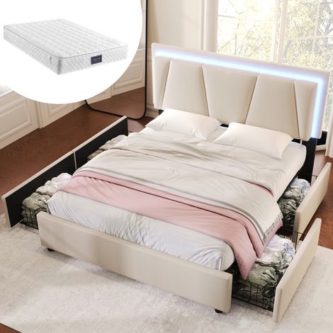 Letto matrimoniale 140x200 cm con 4 cassetti, illuminazione LED, testiera regolabile, beige, senza materasso (1/5)