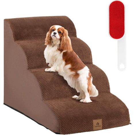 GOPLUS Escalier pour Animaux 4 Marches avec Fond Antidérapant, 72x41x51 CM, échelle pour Chien avec Brosse, Housse Amovible, Marron